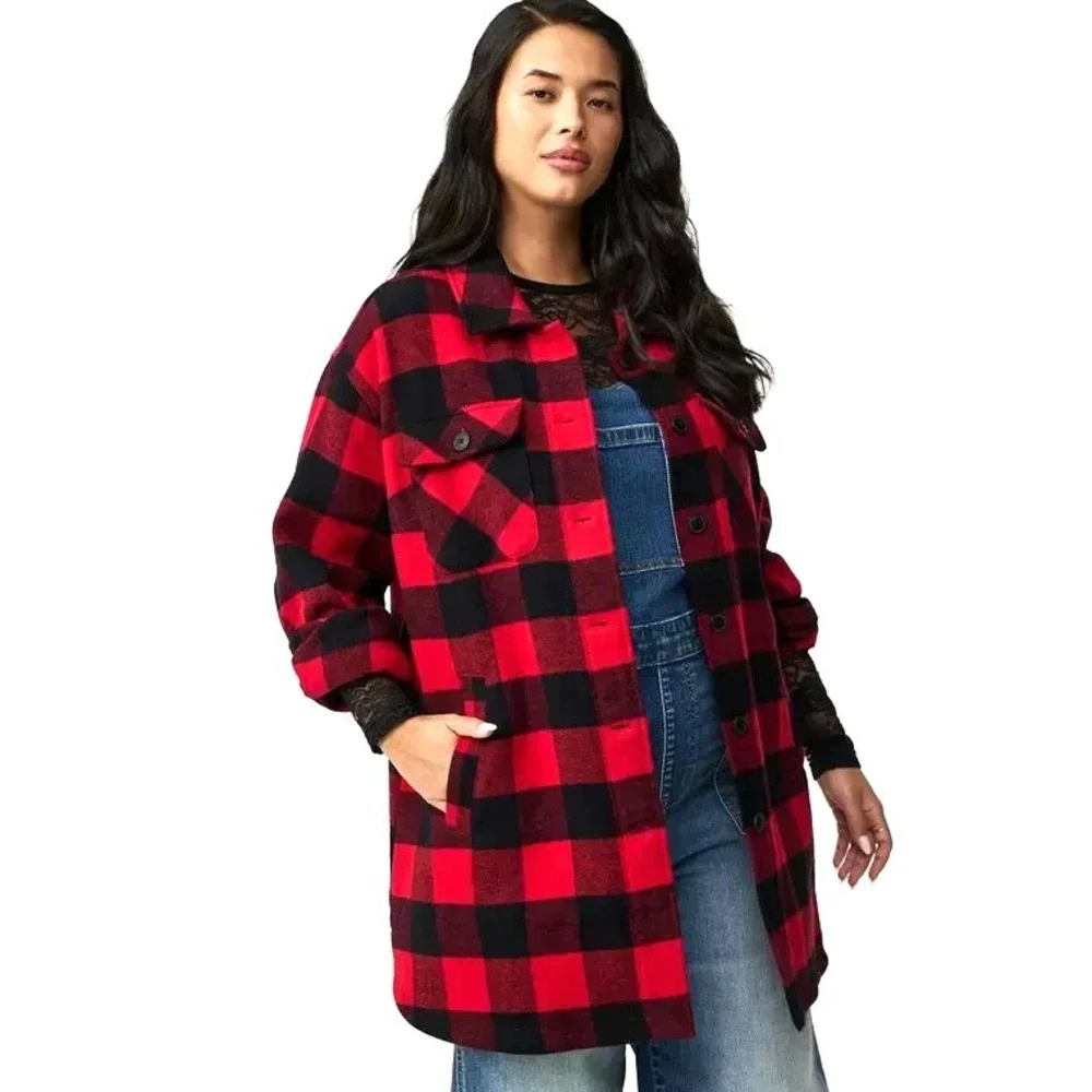 NEW Torrid Brushed Twill Buffalo Plaid Shacket Women's‎ 3X Red Long Line Landman